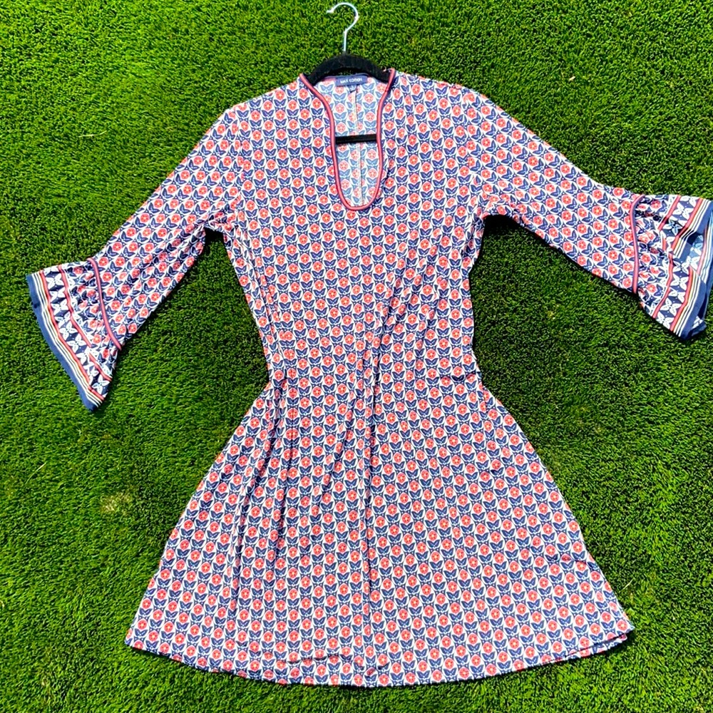 Max Edition dress, sz L, pink flower/ blue leaf print, knee length